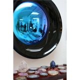 Modern Sculptural Concave Black and Blue Handmade Glass French Mirror