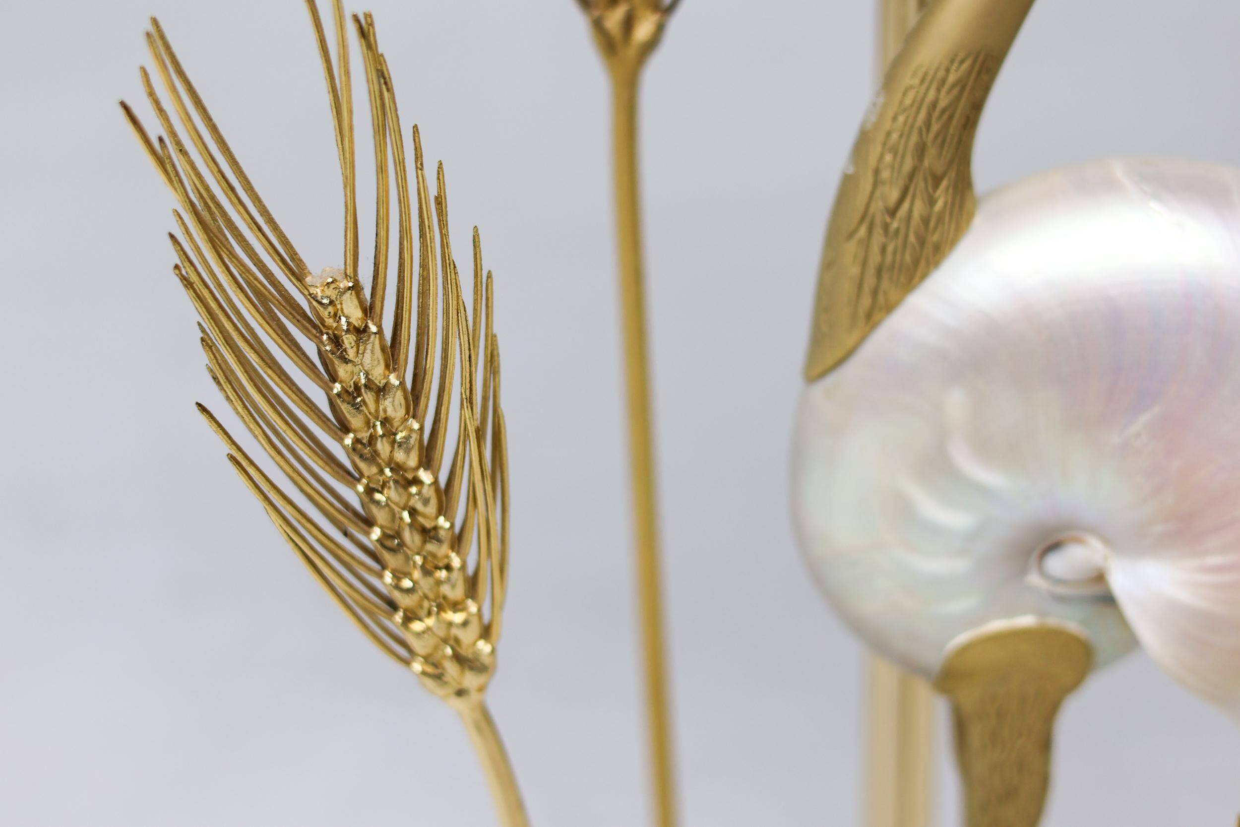 Monumental crane or egret lamp post in gilded brass by Antonio Pavia