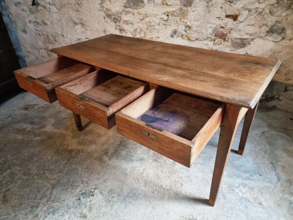Table à manger ancienne française en chêne, bureau, table de travail, 3 tiroirs, vers 1850