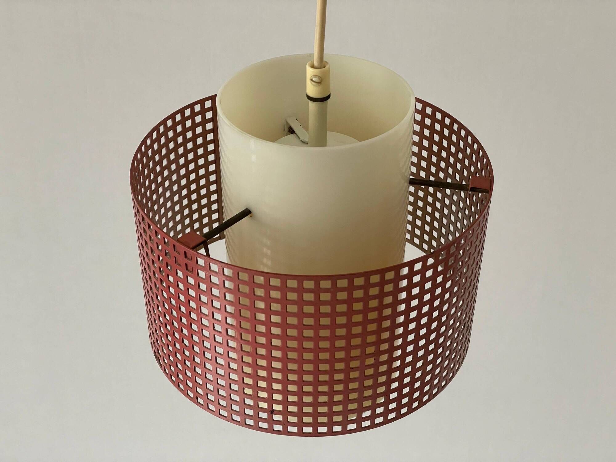 Suspended lamp in pink metal and plexiglass, Danish design, 1960s, Denmark.