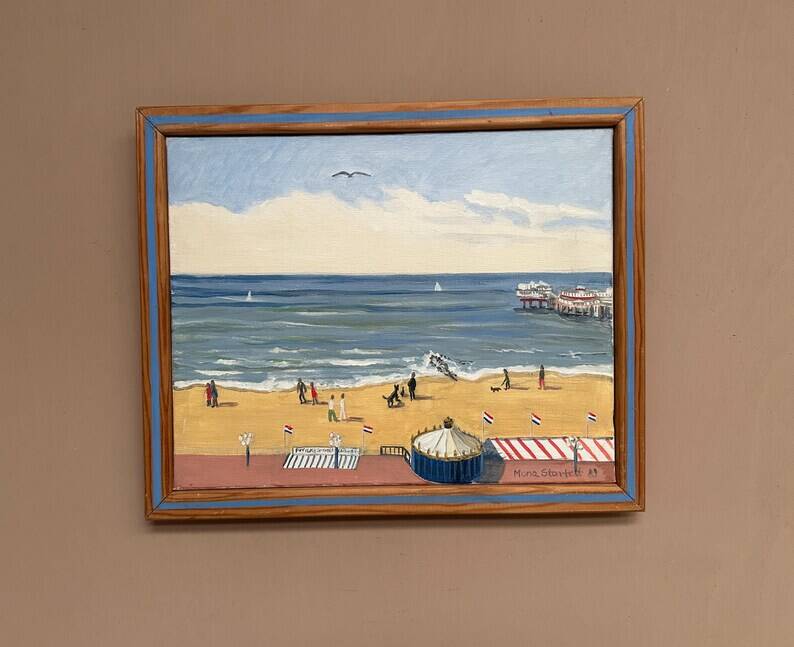 Original Swedish Oil on Canvas – "Day at the Beach" by Mona Starfelt – Signed – Dated 1989 – Framed