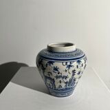 Blue and white Portuguese handmade vase with stylized pastoral pattern H:12,5cm