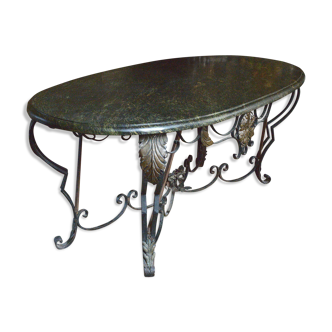 Table art deco, fer forgé dessus marbre, vers 1940