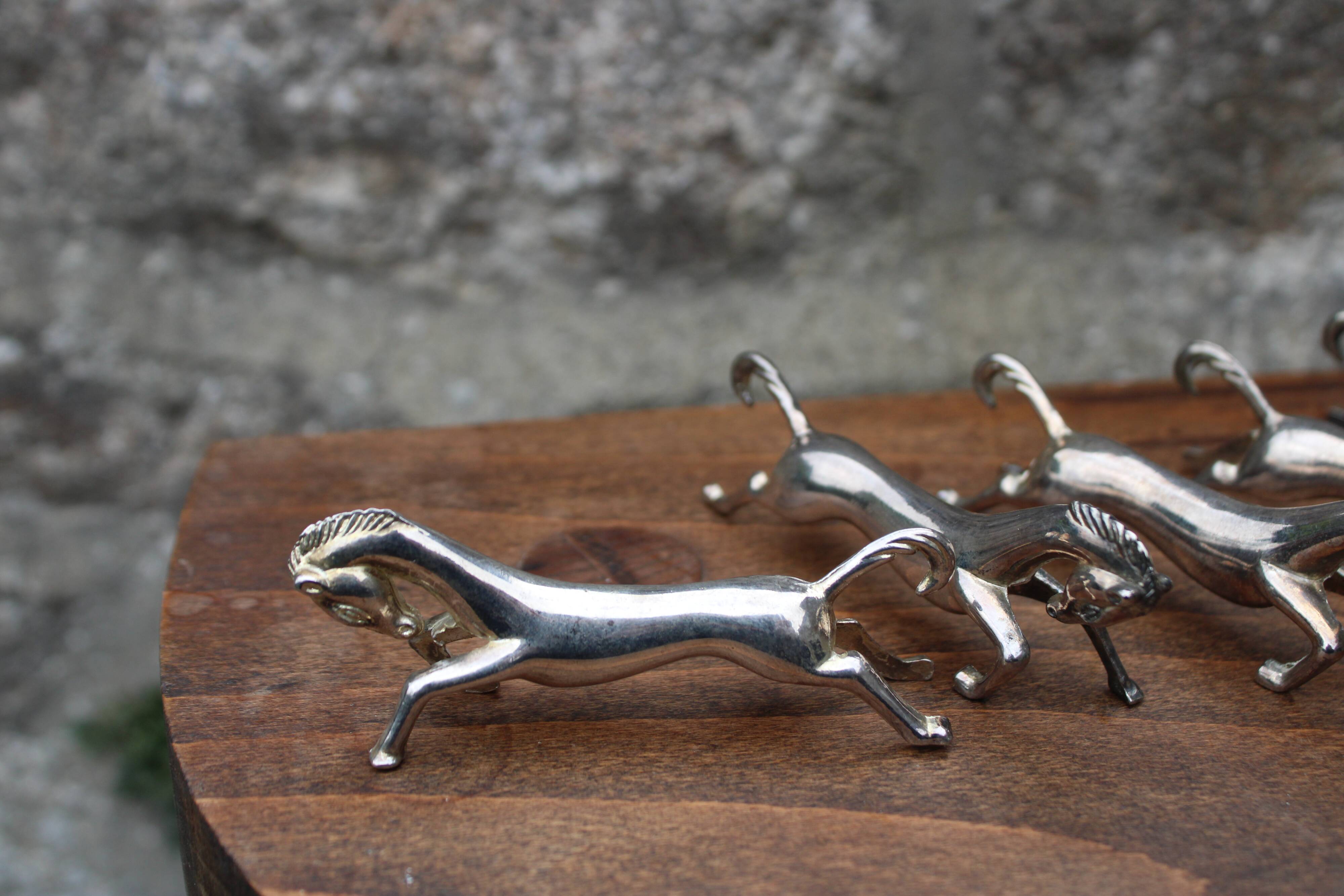 Set of 5 vintage silver metal horse knife rests