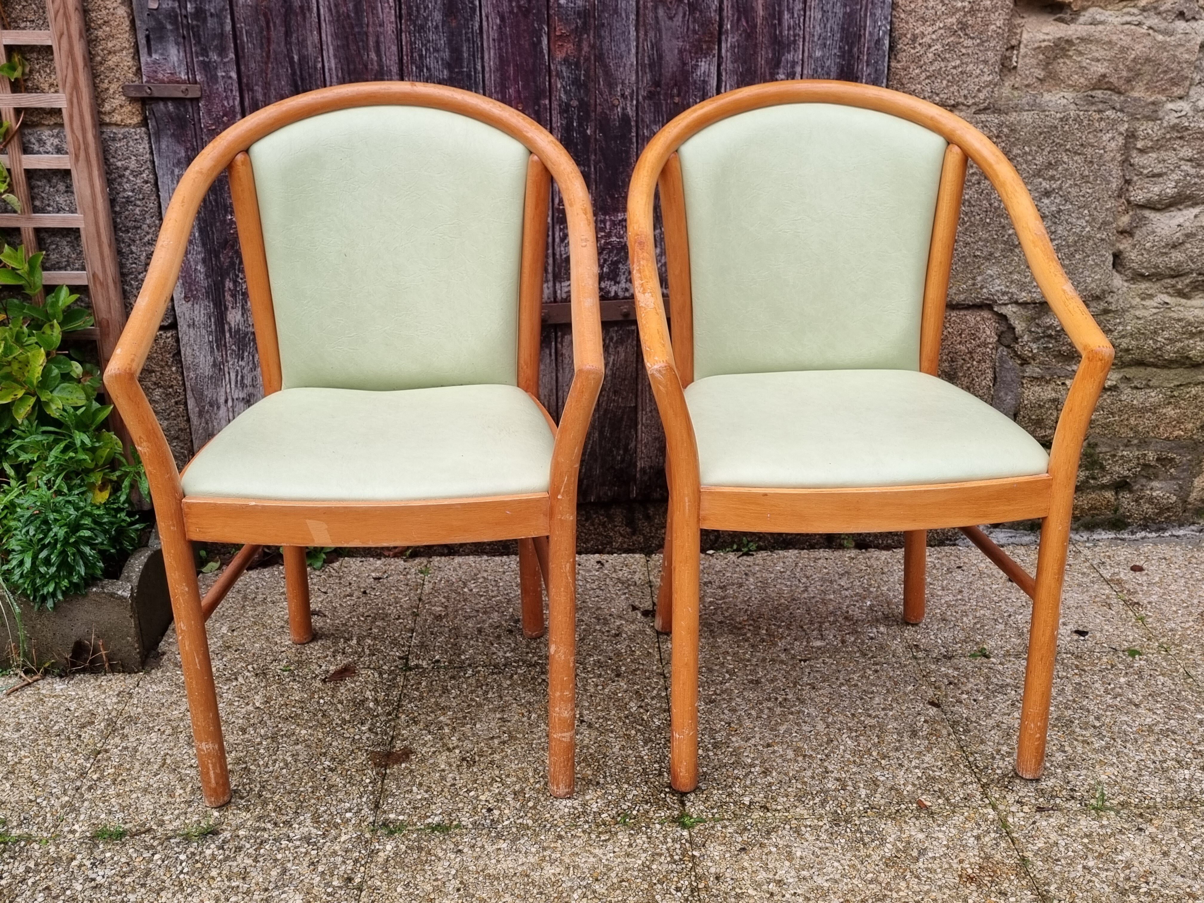 Pair of armchairs curved wood varnished skaï 70s