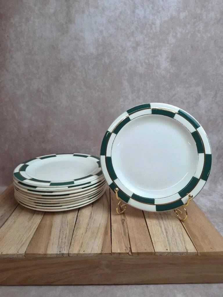 Set of 10 dessert plates Salins – Opaceline Jamier Green – vintage checkered