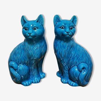 Vintage Pair of Ceramic Blue Cats Bookends