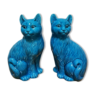 Vintage Pair of Ceramic Blue Cats Bookends