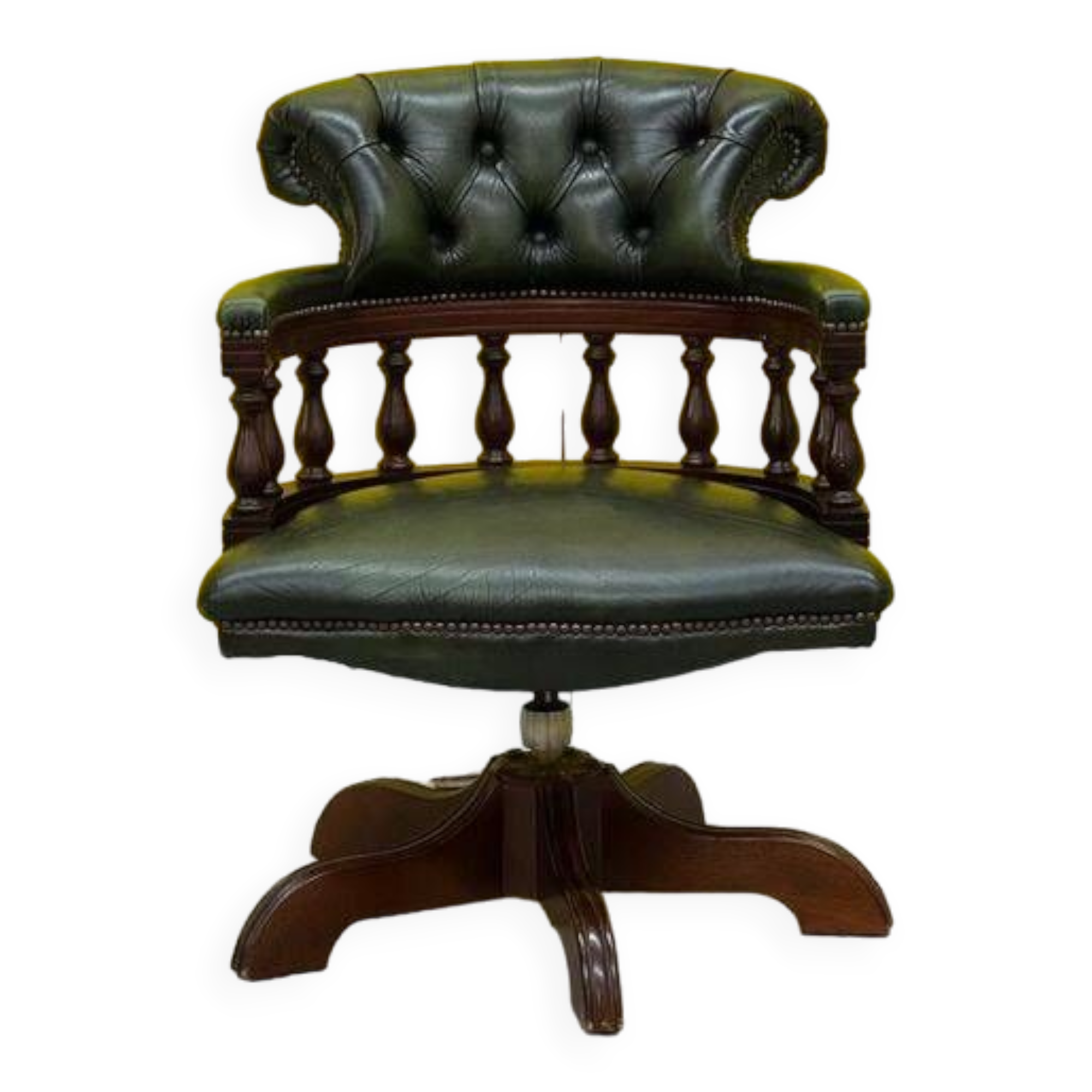 Chesterfield Revolving Captain's Chair with Green Leather Upholstery