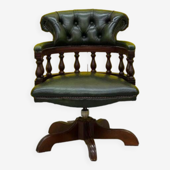 Chesterfield Revolving Captain's Chair with Green Leather Upholstery