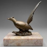 Art Deco bookends with birds – patinated metal and pink marble