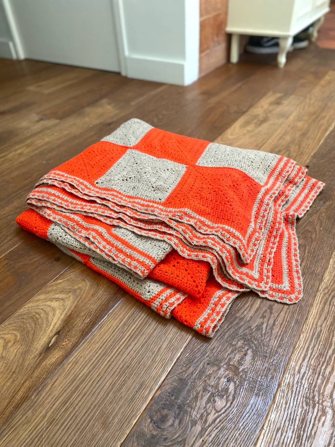 Vintage Granny Square Crochet Wool Throw