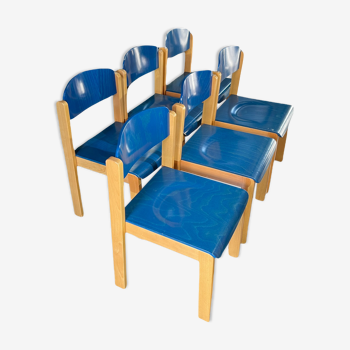 Series of 6 stackable vintage chairs, italian design, blue tinted beech, ca 1980