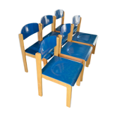 Series of 6 stackable vintage chairs, italian design, blue tinted beech, ca 1980