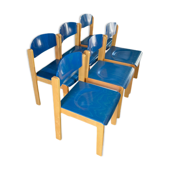 Series of 6 stackable vintage chairs, italian design, blue tinted beech, ca 1980