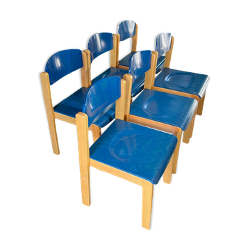 Série de 6 chaises vintage empilables, design italien, hêtre teinté bleu, ca 1980