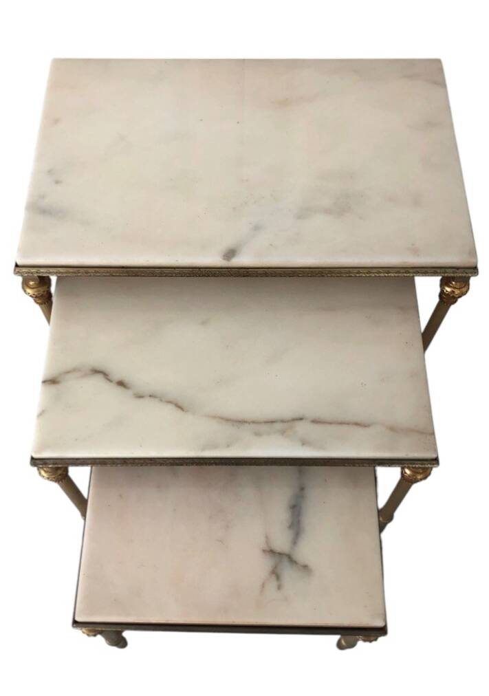 3 brass and marble nesting tables 1950
