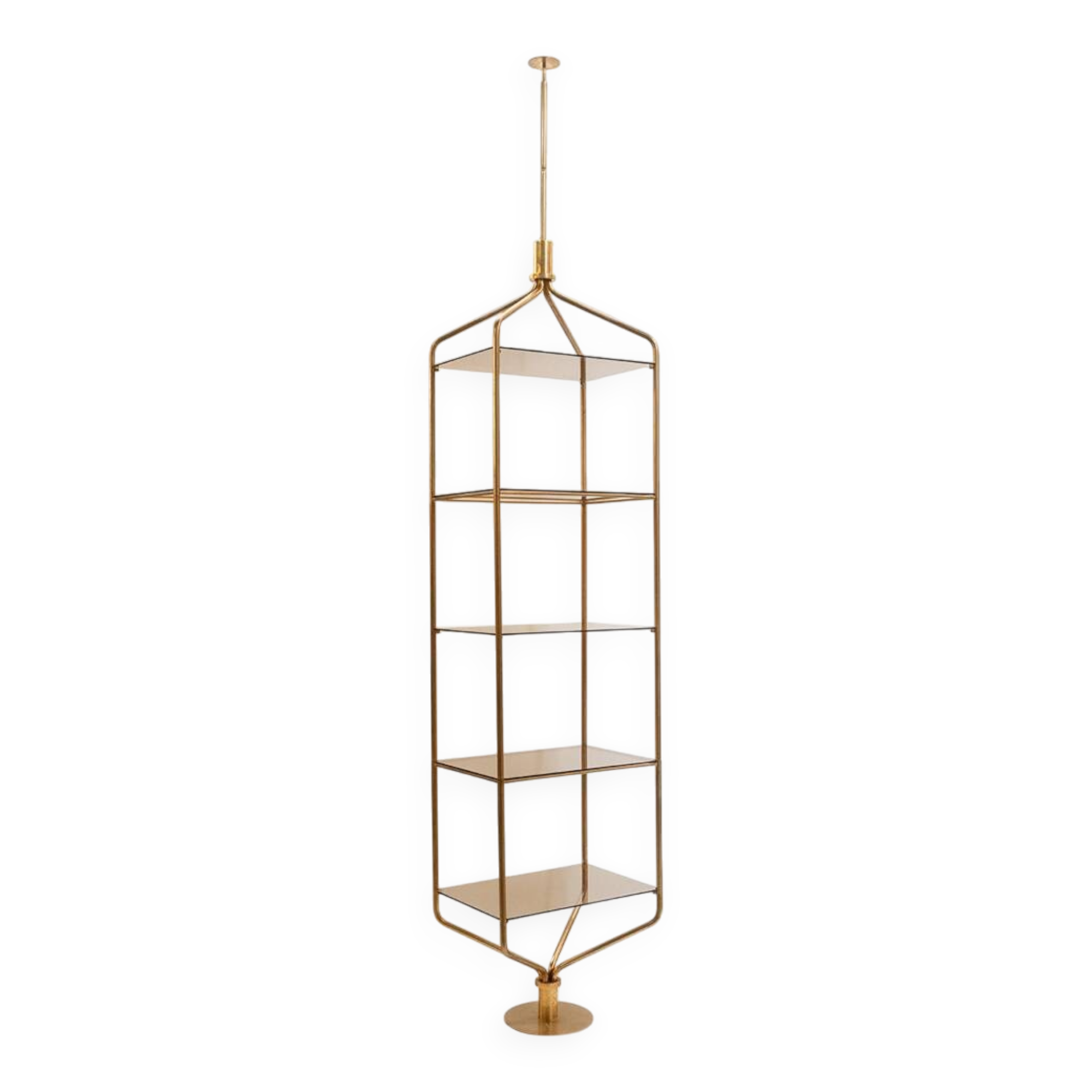 Free-standing shelf in gilded brass with smoked glass shelves. 1970s.