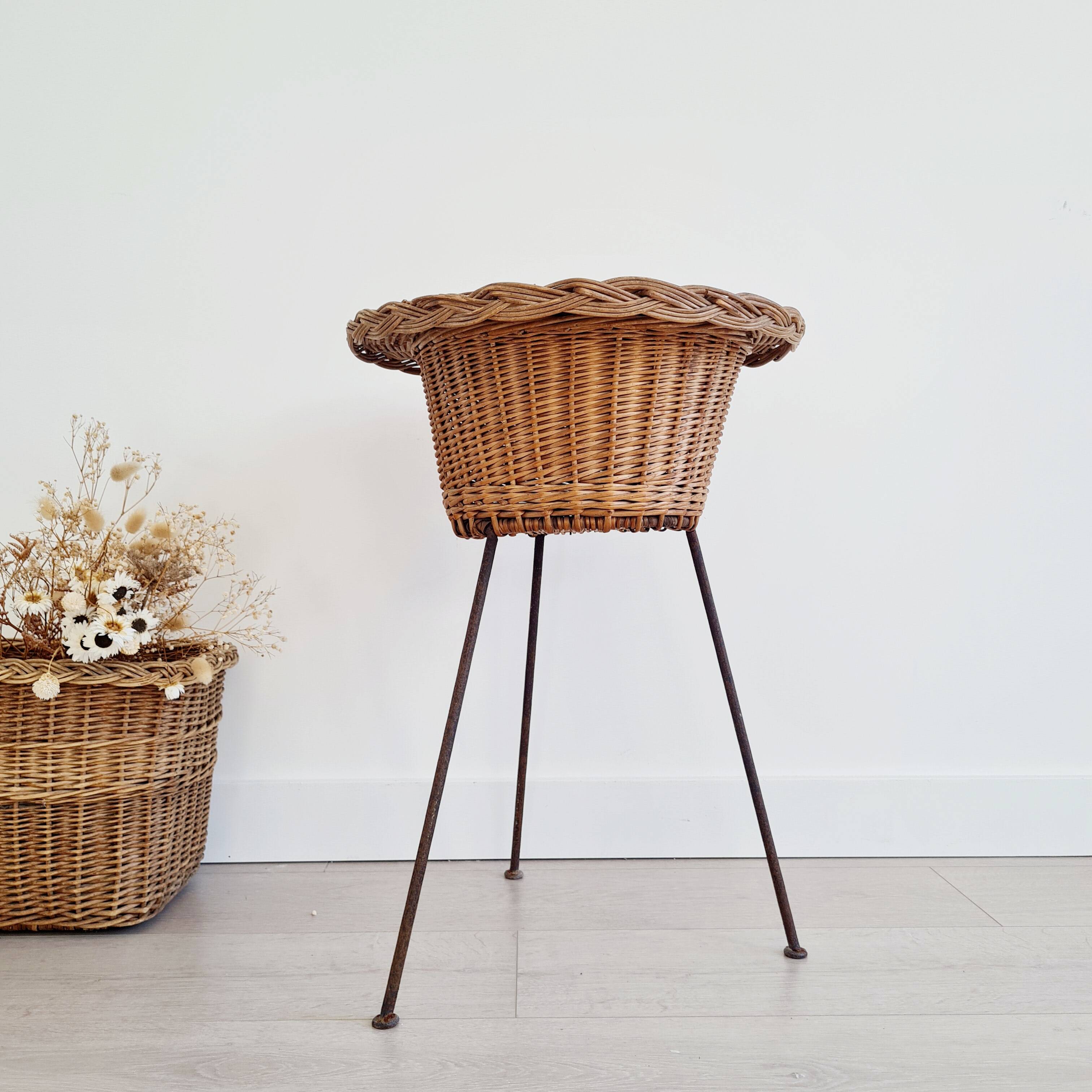 Rattan and metal tripod planter