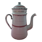 Cafetière en tôle émaillée blanche à filets rouges et dorés
