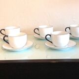 Set of eight white porcelain cups with blue edging / vintage 70s-80s