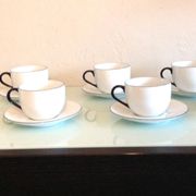 Set of eight white porcelain cups with blue edging / vintage 70s-80s