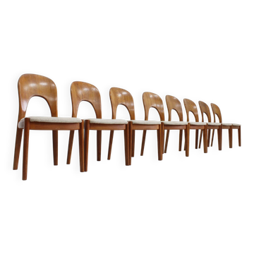Chaises de salle à manger en teck danois vintage par Niels Koefoed, ensemble de 8.