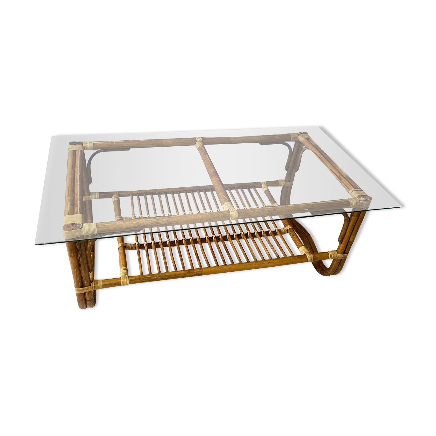 Vintage rattan and glass coffee table
