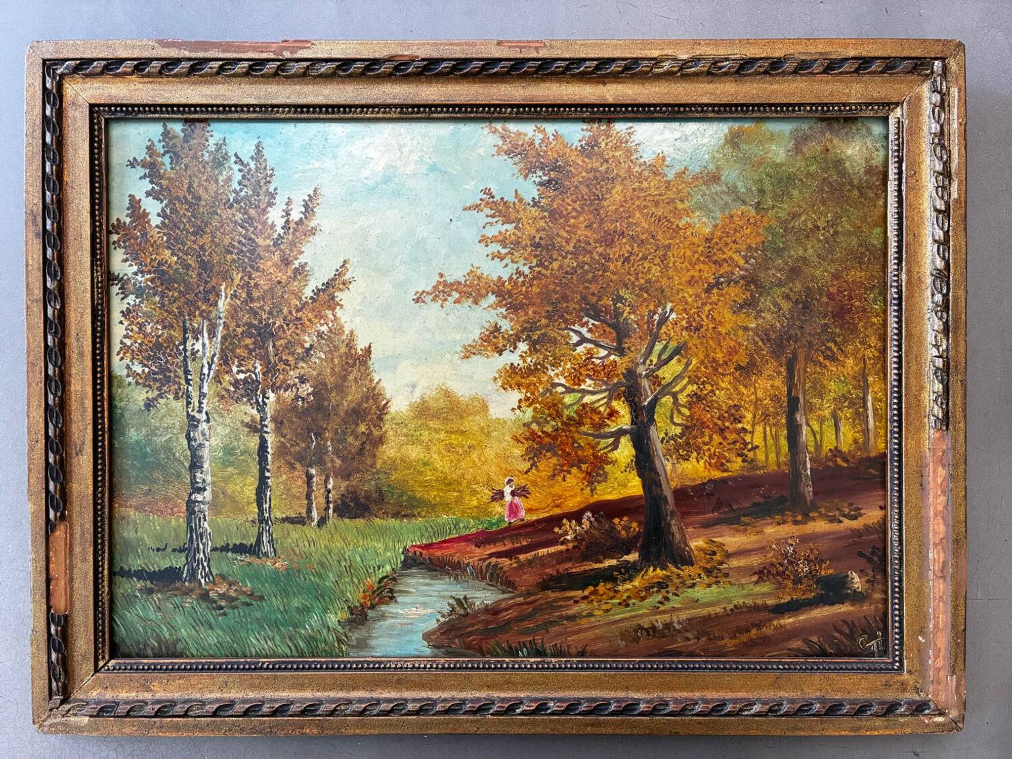 Paysage animé de sous bois XXe signé
