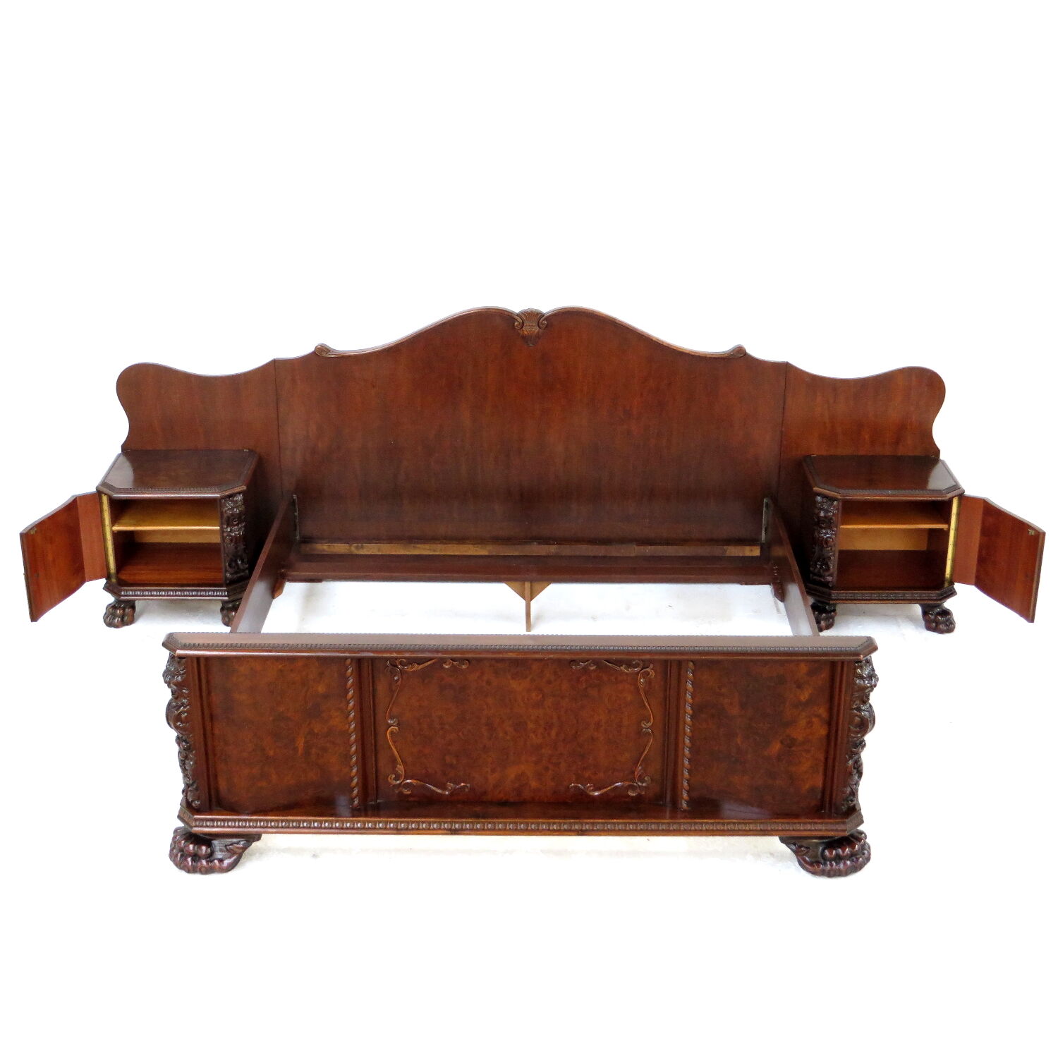 Hand carved Burr Walnut Bedroom Set with big Lion claw / paw feet, 19th century