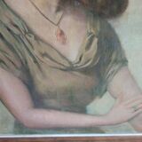 Huile sur panneau représentant le portrait d'une jeune fille souriante, milieu du XXe siècle