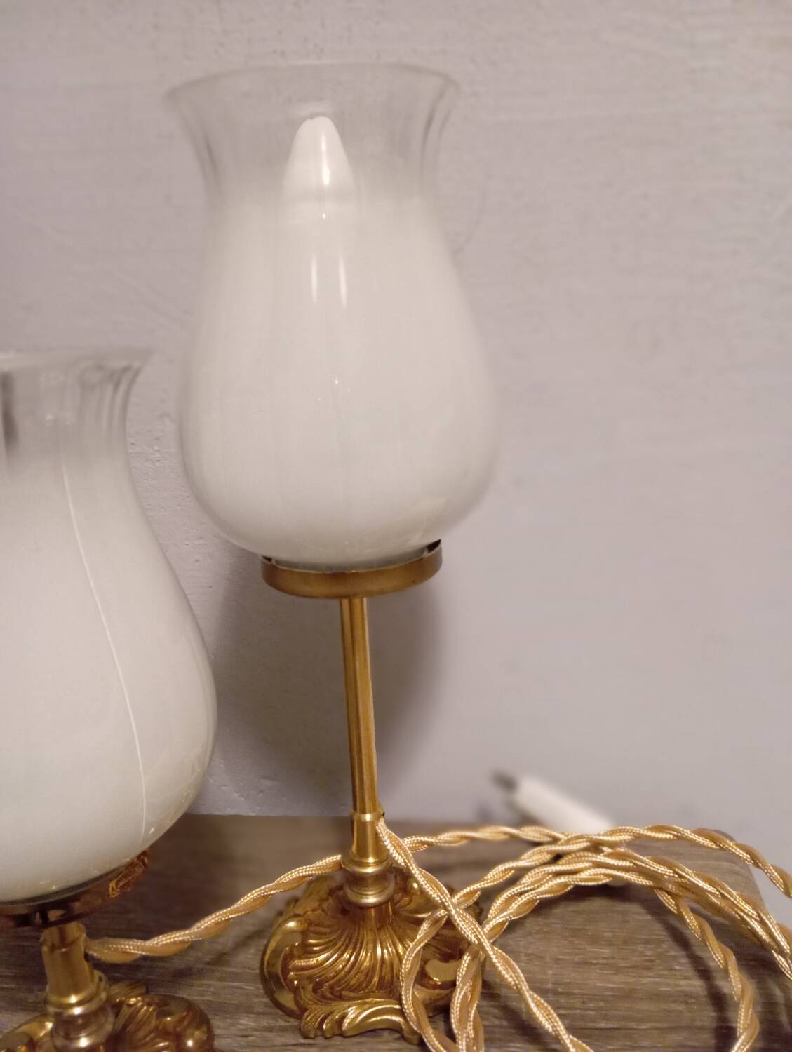 Duo art deco bedside lamps bronze and white glass tulip