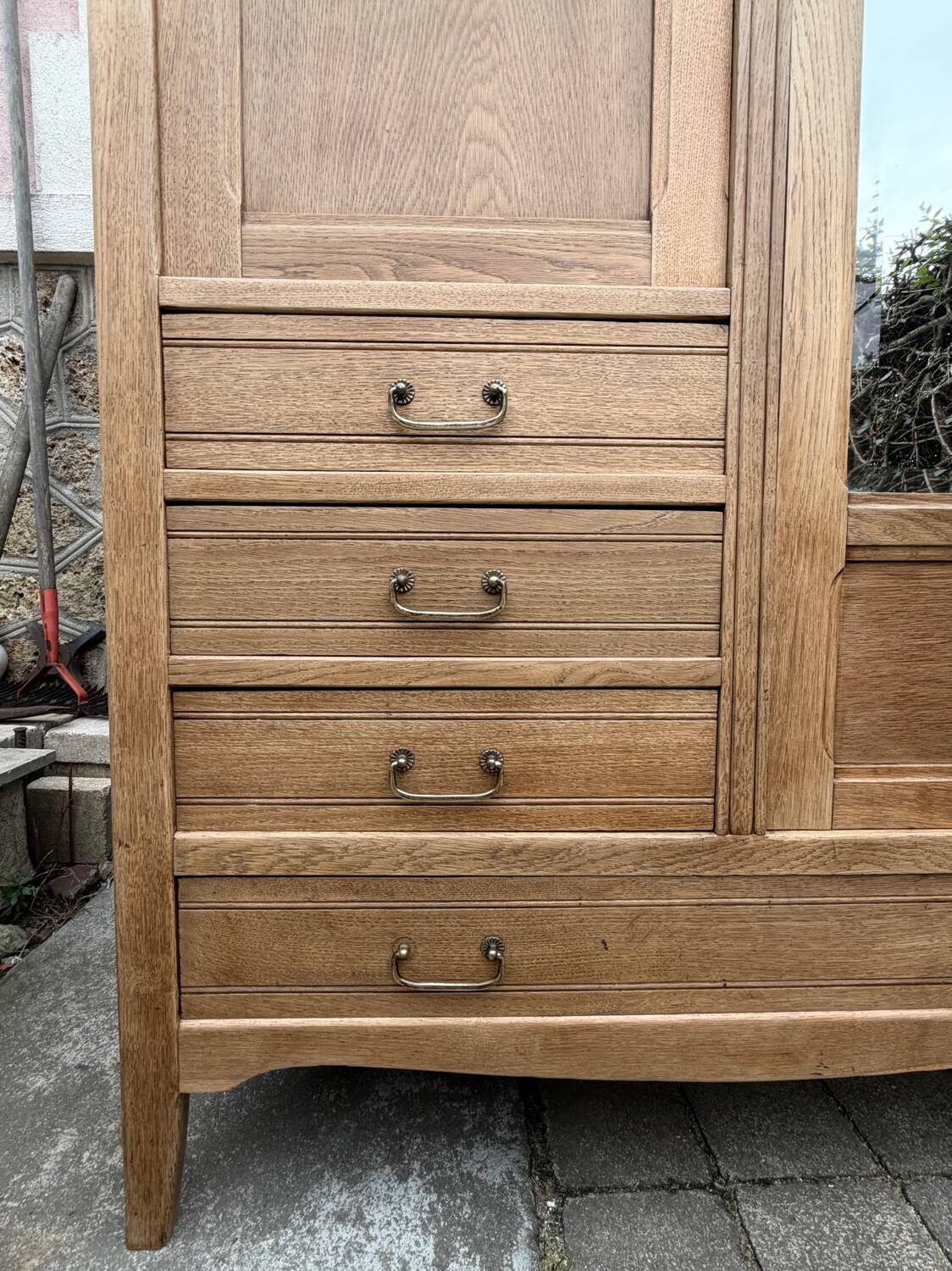 Parisian hotel wardrobe with bevelled mirror, solid raw oak, 1920.