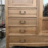 Parisian hotel wardrobe with bevelled mirror, solid raw oak, 1920.