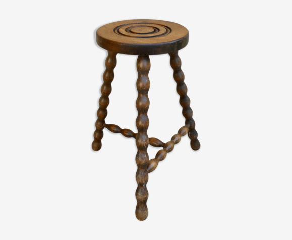 Tabouret tripode en bois massif, pieds tournés