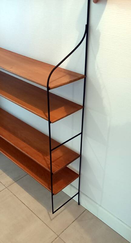 Vintage metal and solid wood string style wall shelf.