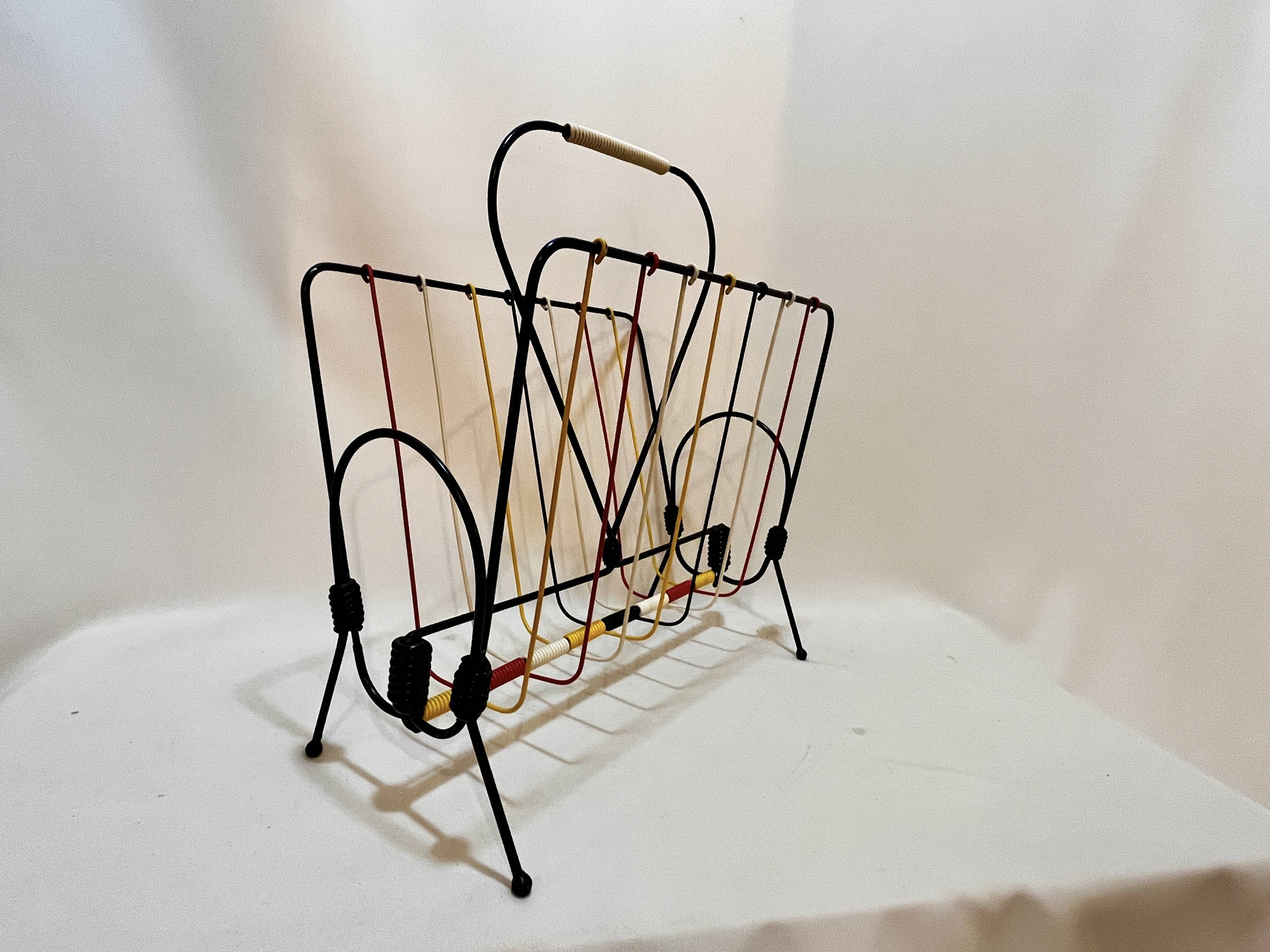 Vintage scoubidou vinyl magazine rack metal 50s 60s multicolor 1960