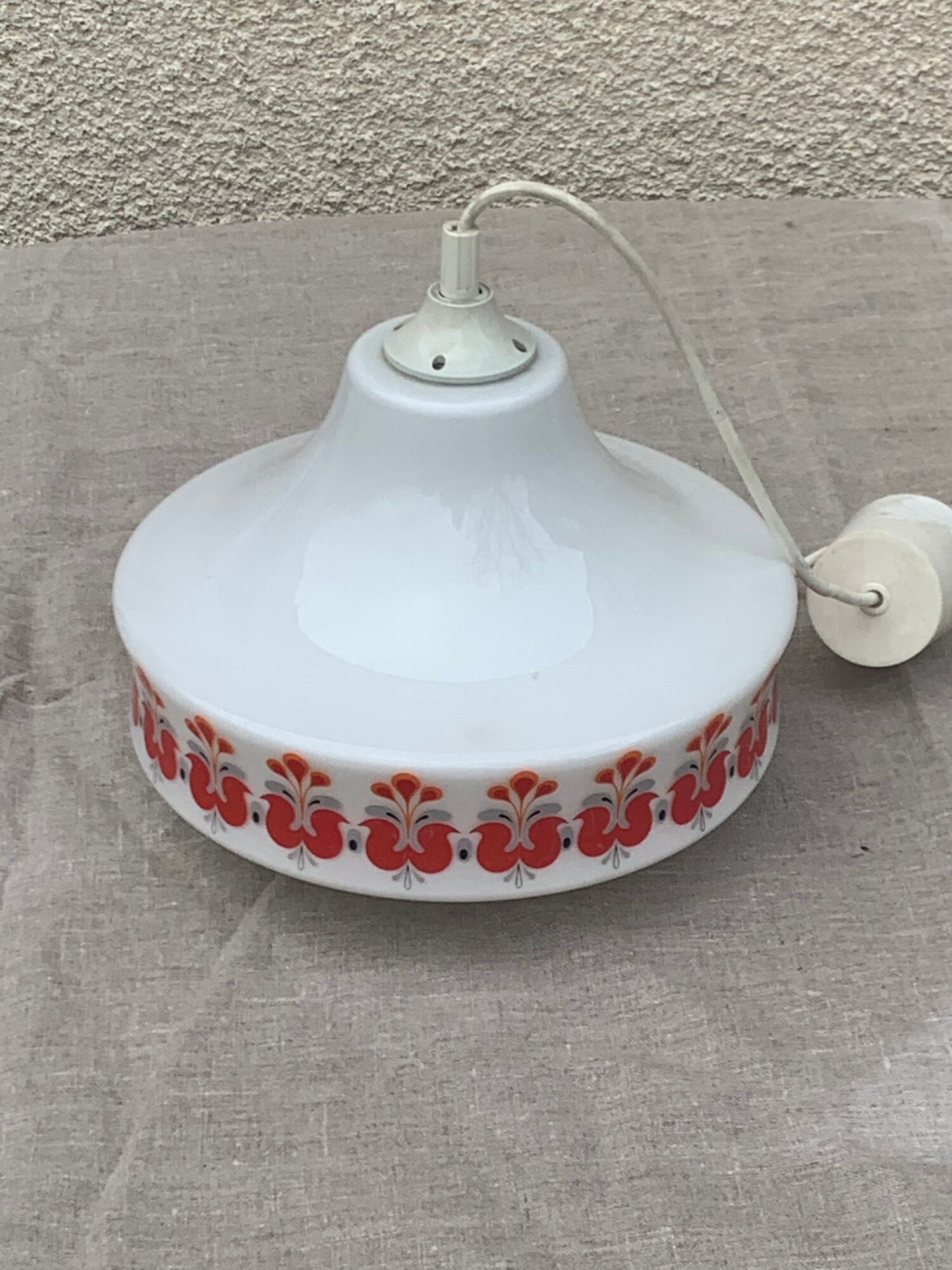 Pendant lamp, white opaline globe with a vintage red design floral pattern 1970