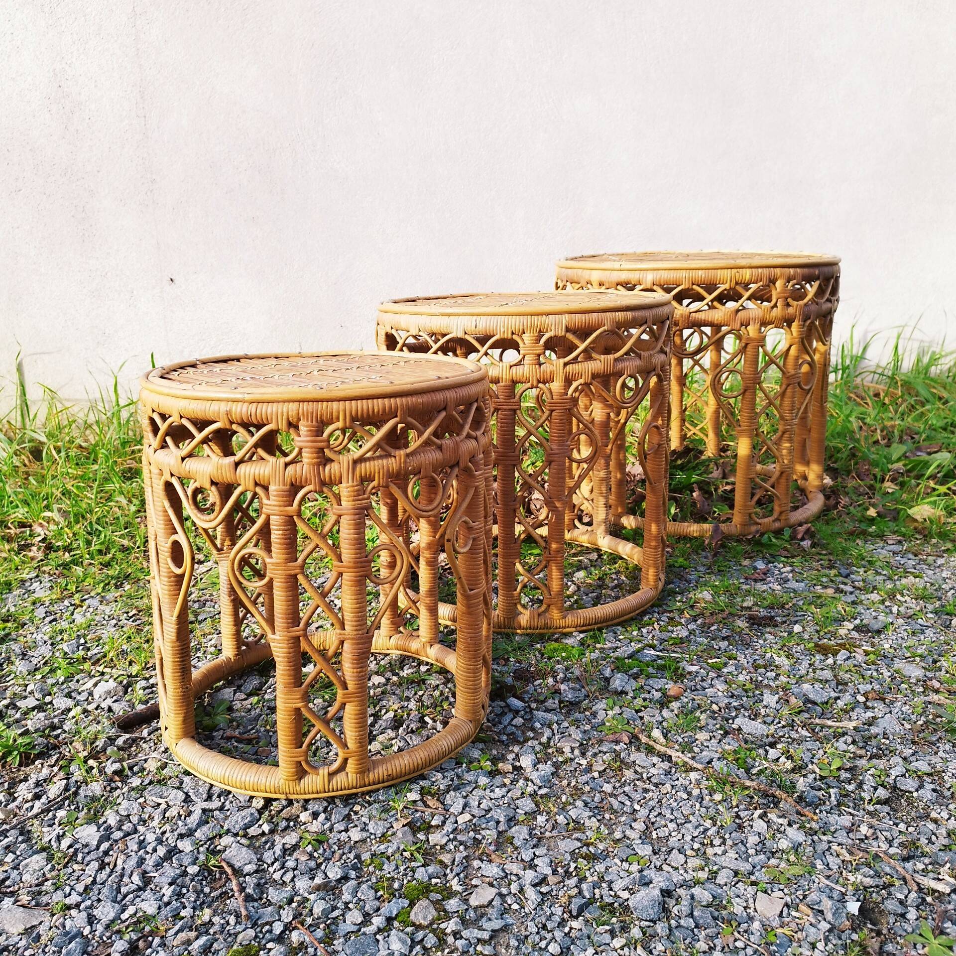 Vintage peacock rattan wicker nesting side tables