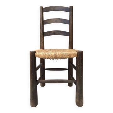 Brutalist straw-seated wooden chair