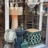 Moroccan pouf cube seat in graphic ikat wicker dark green forest fir