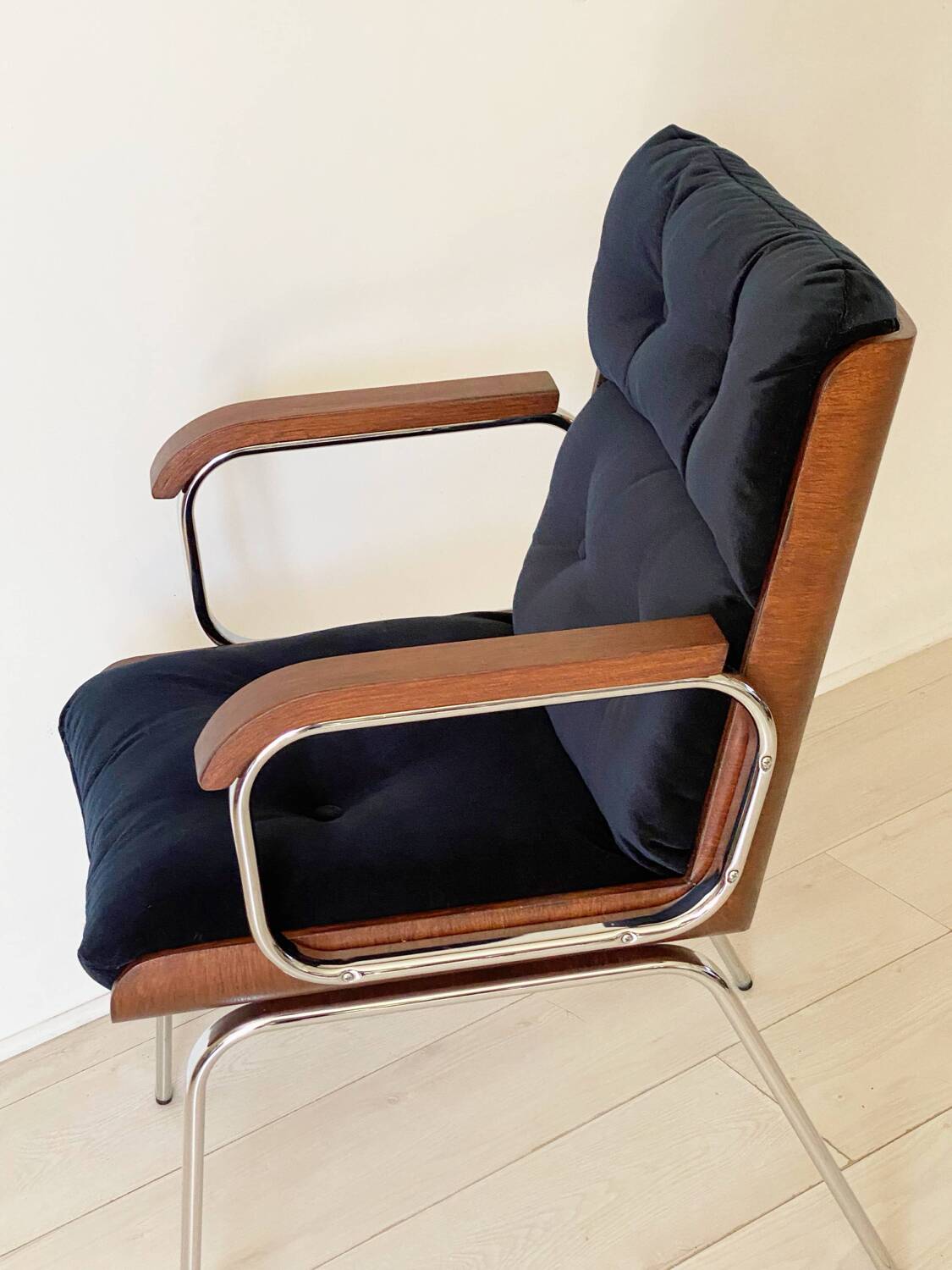 Vintage wood and metal velvet armchair