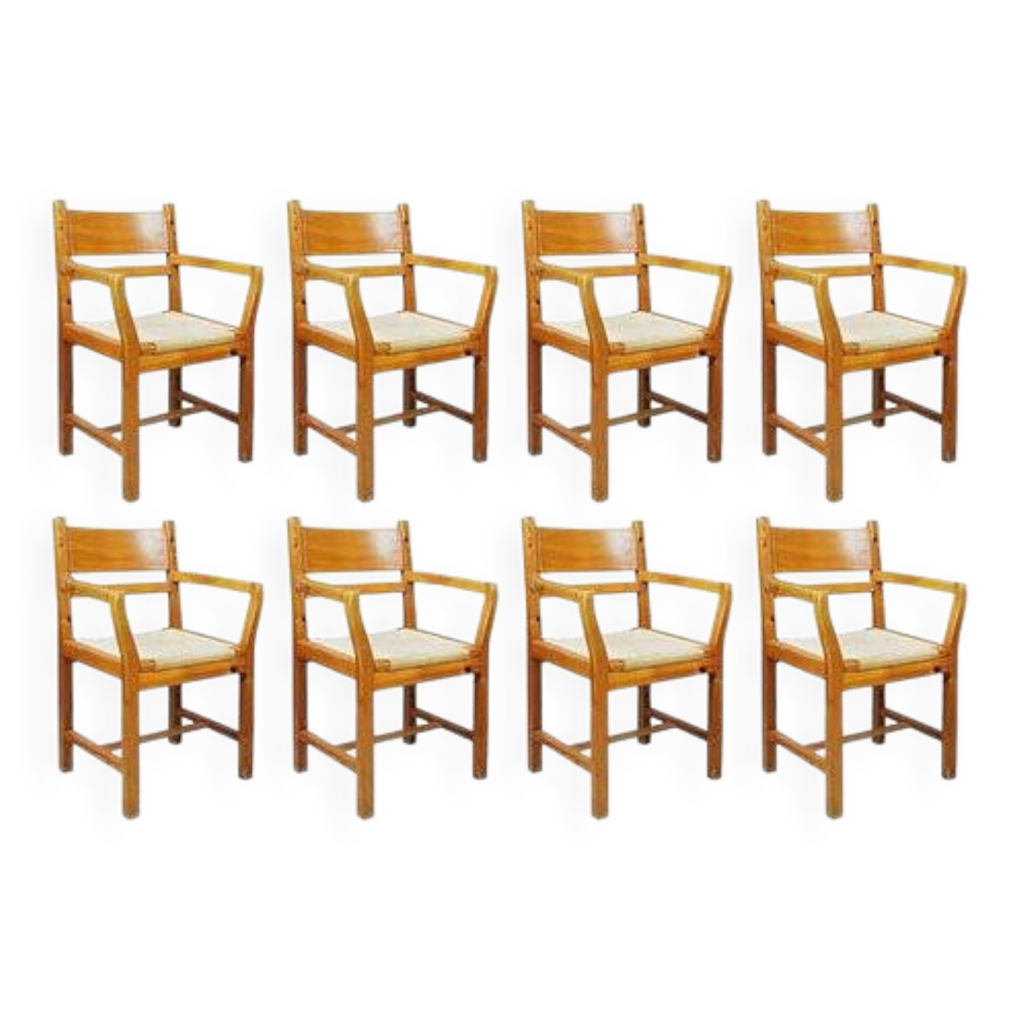 Set of eight pine dining danish chairs with Rope Seat 1980'