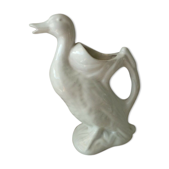 Pichet à eau canard en faience blanche barbotine