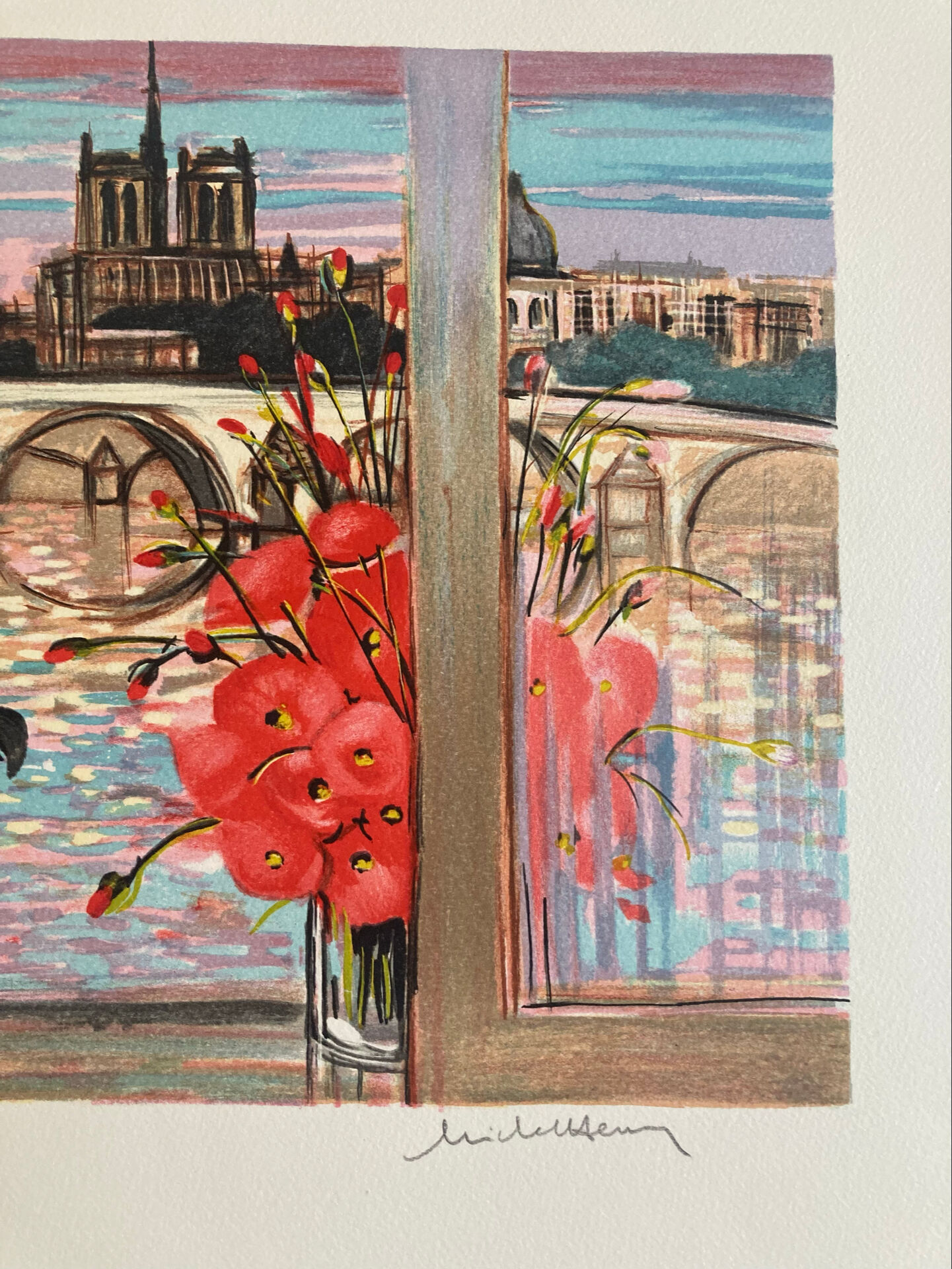 Lithograph signed by Michel Henry - The Institute and Notre Dame de Paris