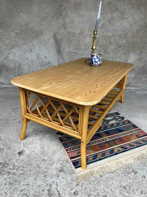 Vintage bamboo, wood and rattan coffee table