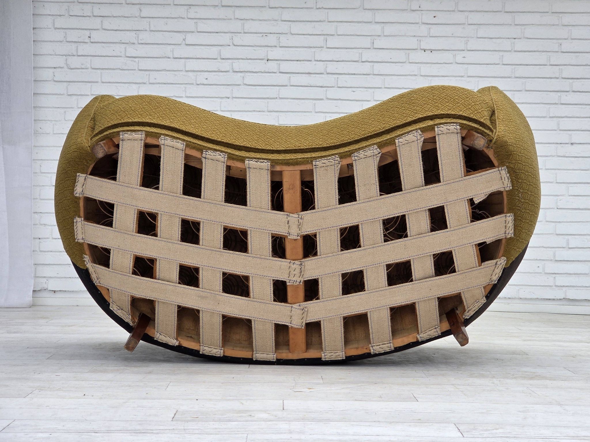 1960s, Danish 2-seater "Banan" sofa, green furniture wool, ash wood.