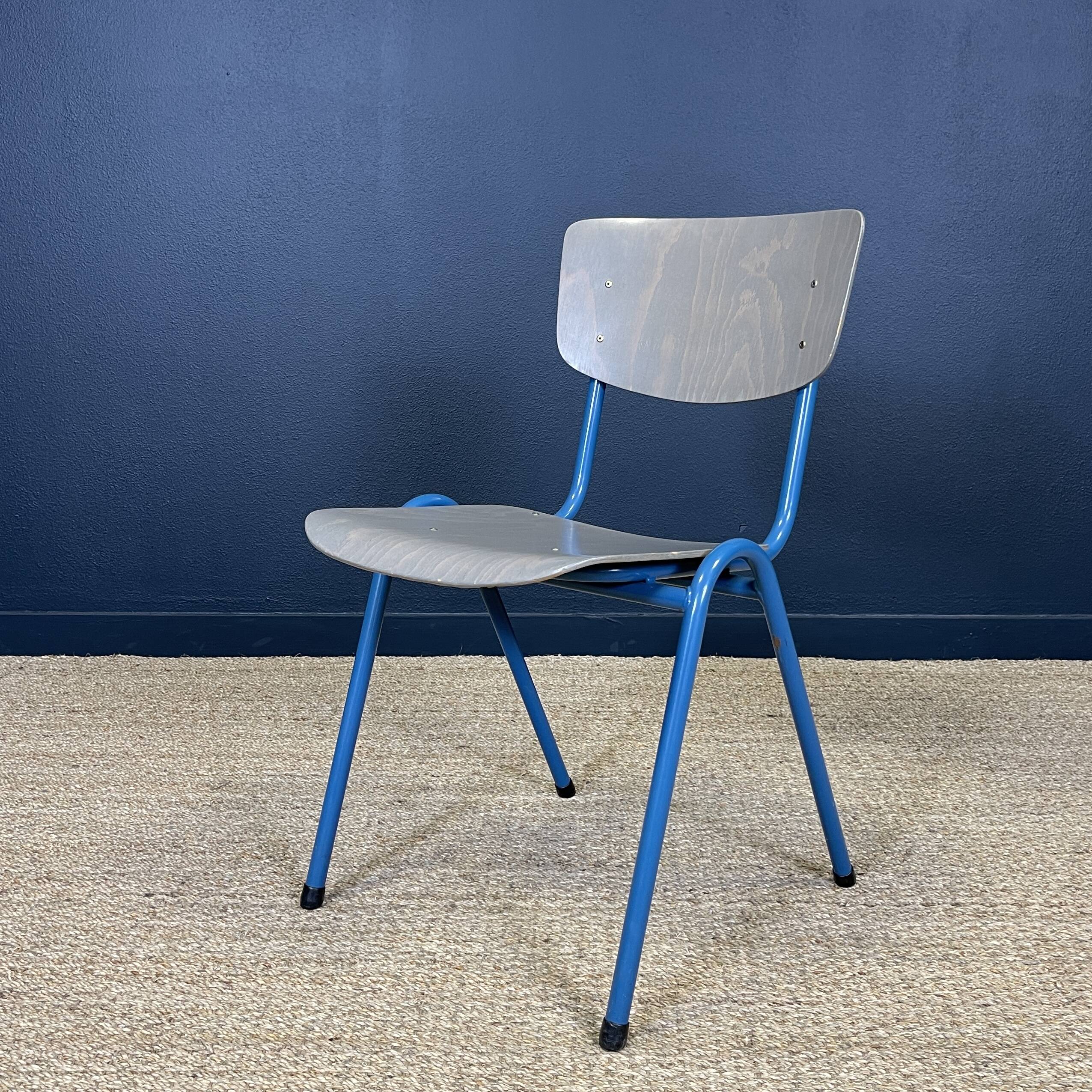 Lot of 25 gray wood school chairs with blue feet Netherlands 70s/80s