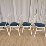 Set of 4 Vintage Bentwood White Dining Chairs in Ligna Style wit Blue Seat