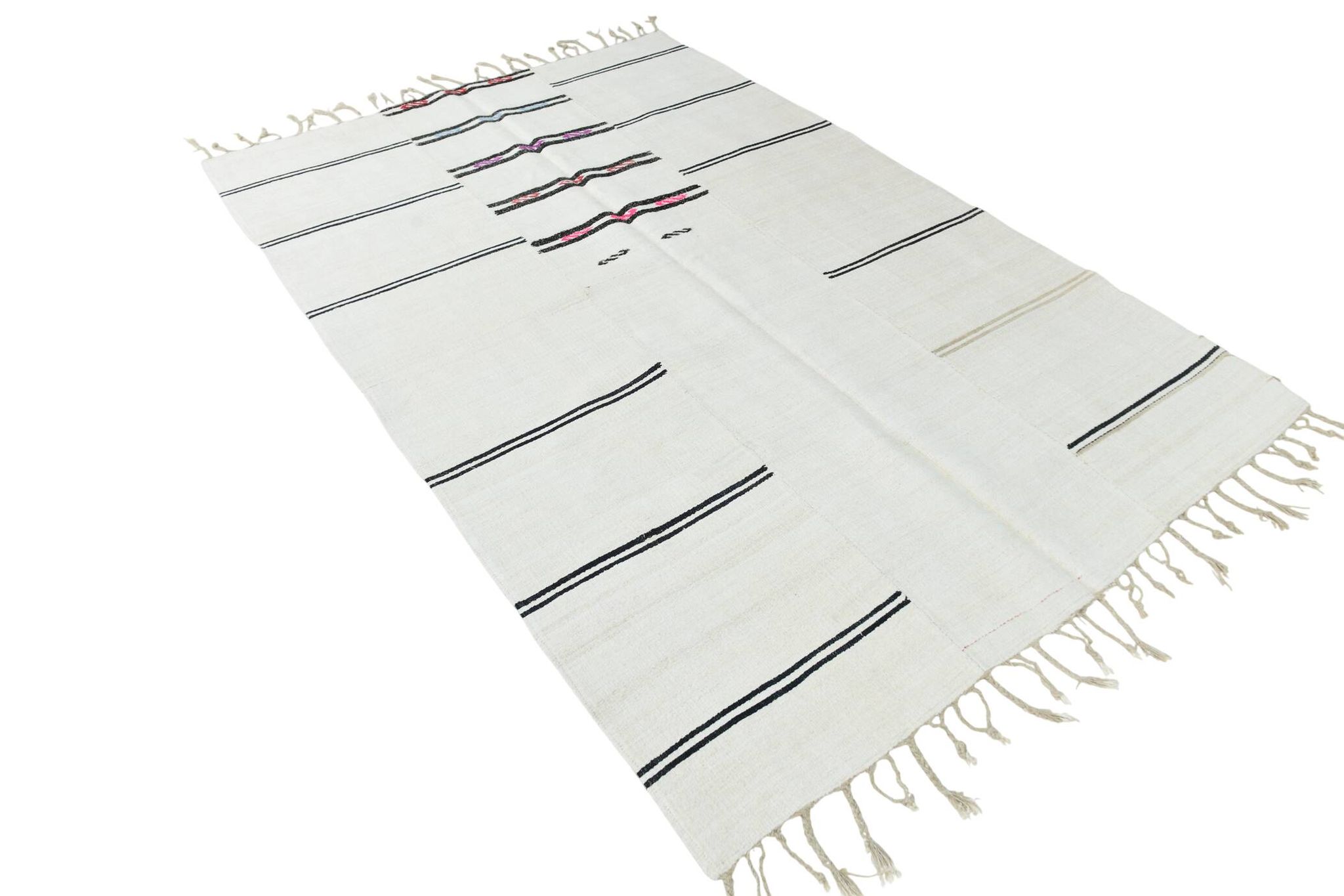 Kilim Turc Vintage Ivoire et Noir, Rayé, Déco Salon Bohème, 176X258Cm